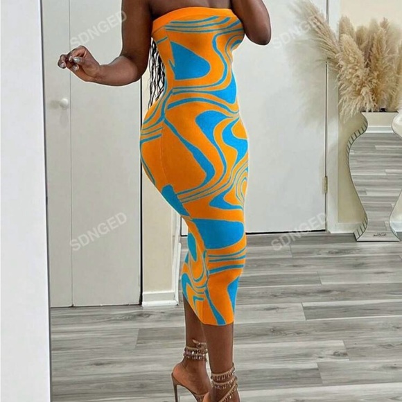 Allover Pattern Tube Sweater Dress (orange and blue) - Picture 2 of 4
